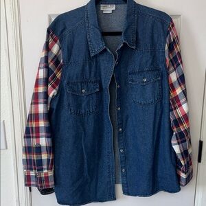 Country Store Women's Denim Button Down Shirt - Blue and Red Plaid